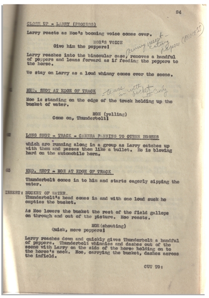 Moe Howard's 30pp. Script Dated April 1937 for The Three Stooges Film ''Playing the Ponies'' -- With Numerous Annotations in Moe's Hand -- Bound by Staples, Very Good Condition